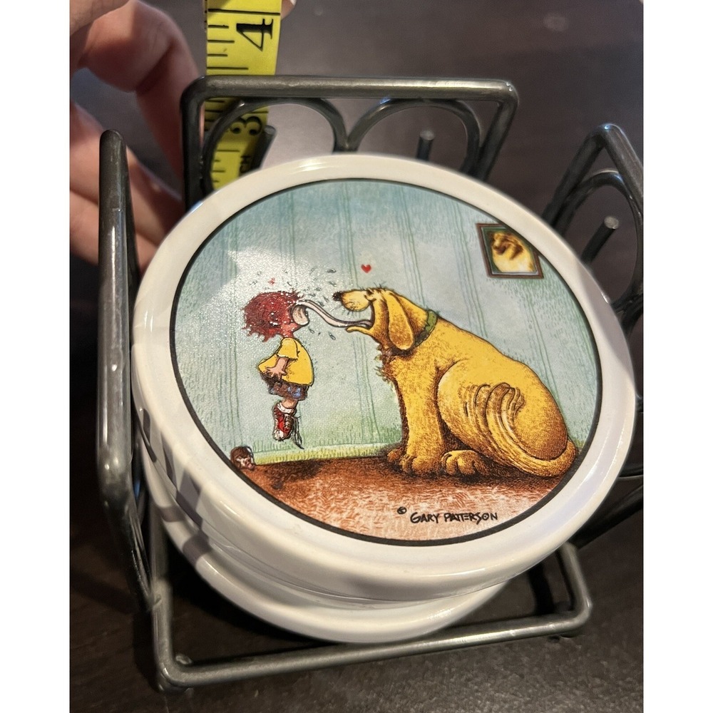 Gary Patterson Cartoon Art Dog Humor Pet Owner 4" Clay Coaster Set of‎ 4 EUC